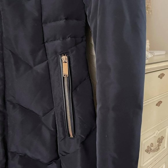 XS New Zara Puffer Taffeta Hooded Fitted Knee Mid Length Coat Midnight Blue - Picture 2 of 7